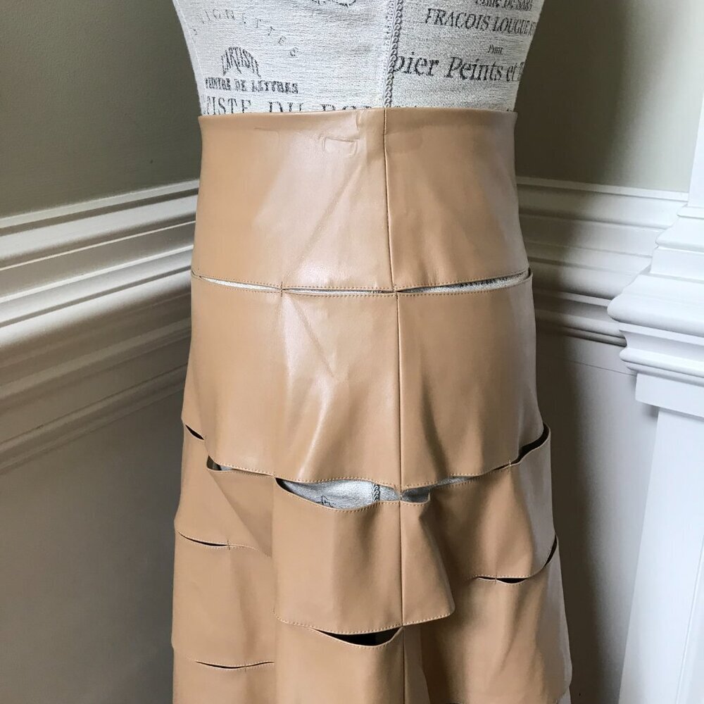 A.W.A.K.E Mode Multi Strap Midi Skirt Womens 40 Tan Vegan Leather A-Line Awake - Picture 12 of 15